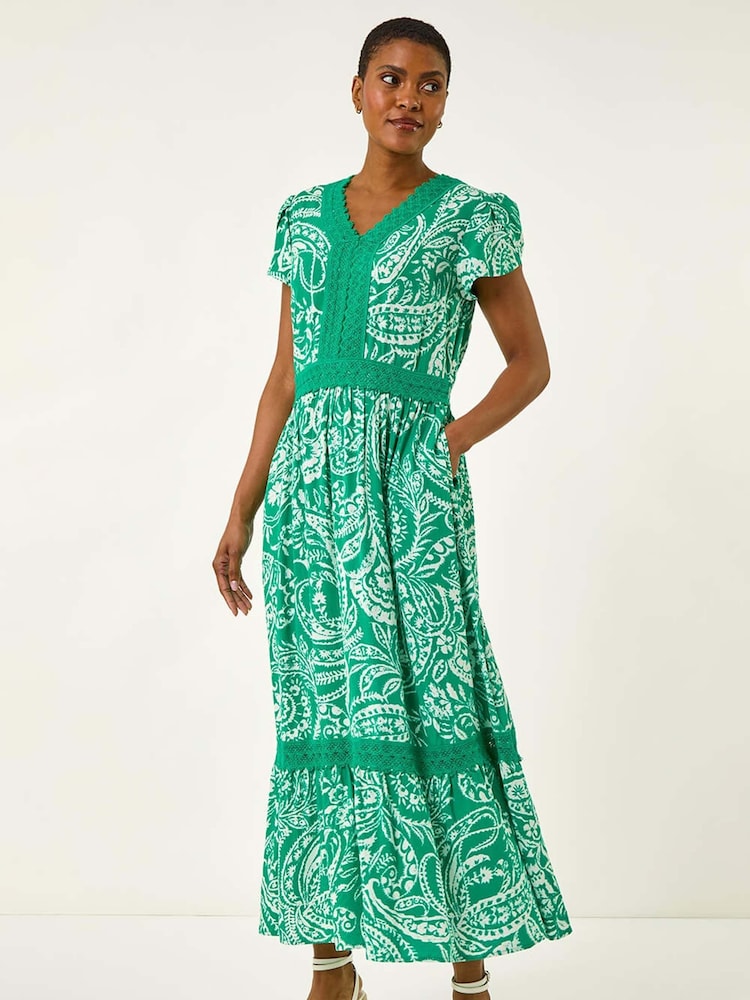 Roman Green Paisley Print Lace Trim Midi Dress - Image 2 of 5