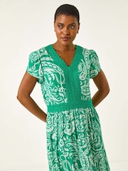 Roman Green Paisley Print Lace Trim Midi Dress - Image 4 of 5