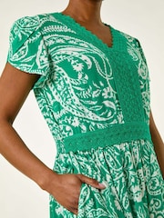 Roman Green Paisley Print Lace Trim Midi Dress - Image 5 of 5