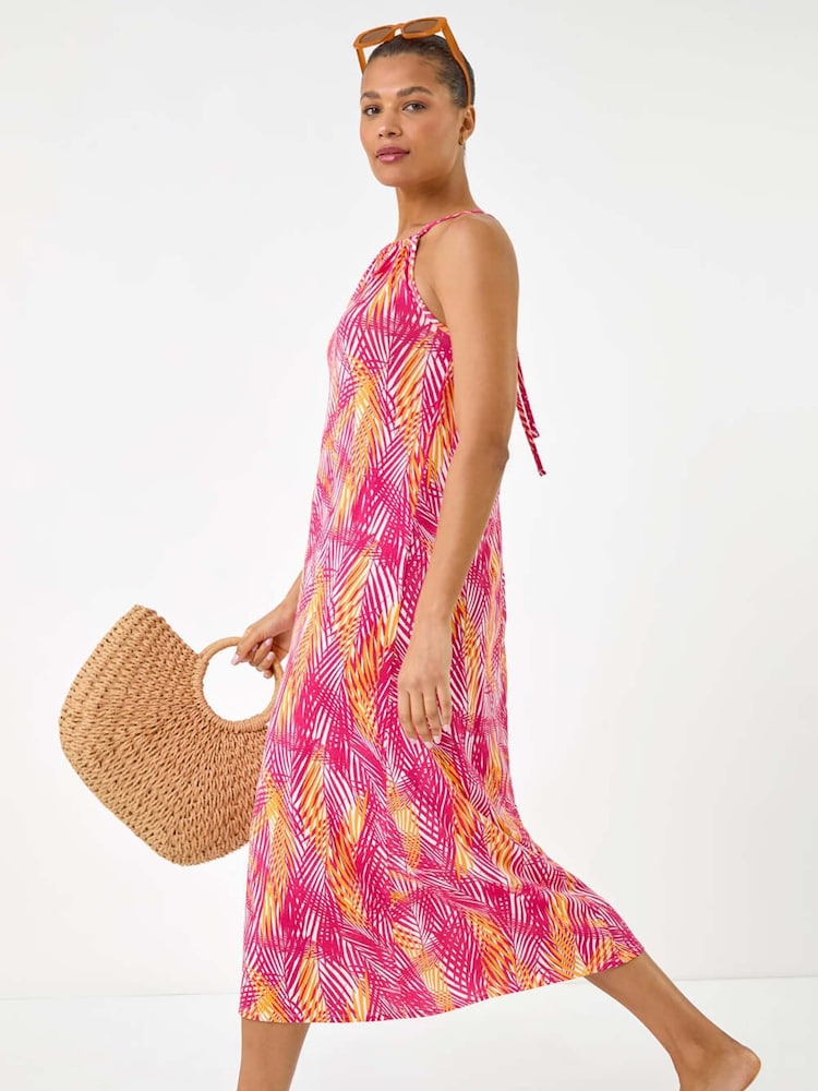 Roman Pink Gathered Palm Print Swing Stretch Dress - Image 1 of 5