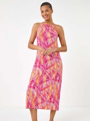 Roman Pink Gathered Palm Print Swing Stretch Dress - Image 2 of 5