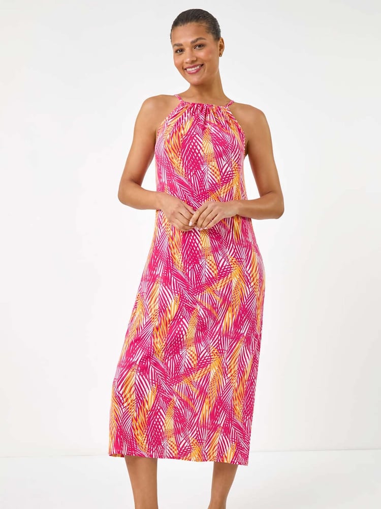 Roman Pink Gathered Palm Print Swing Stretch Dress - Image 2 of 5
