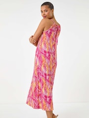 Roman Pink Gathered Palm Print Swing Stretch Dress - Image 3 of 5