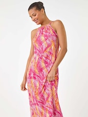 Roman Pink Gathered Palm Print Swing Stretch Dress - Image 4 of 5