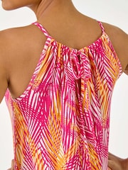Roman Pink Gathered Palm Print Swing Stretch Dress - Image 5 of 5