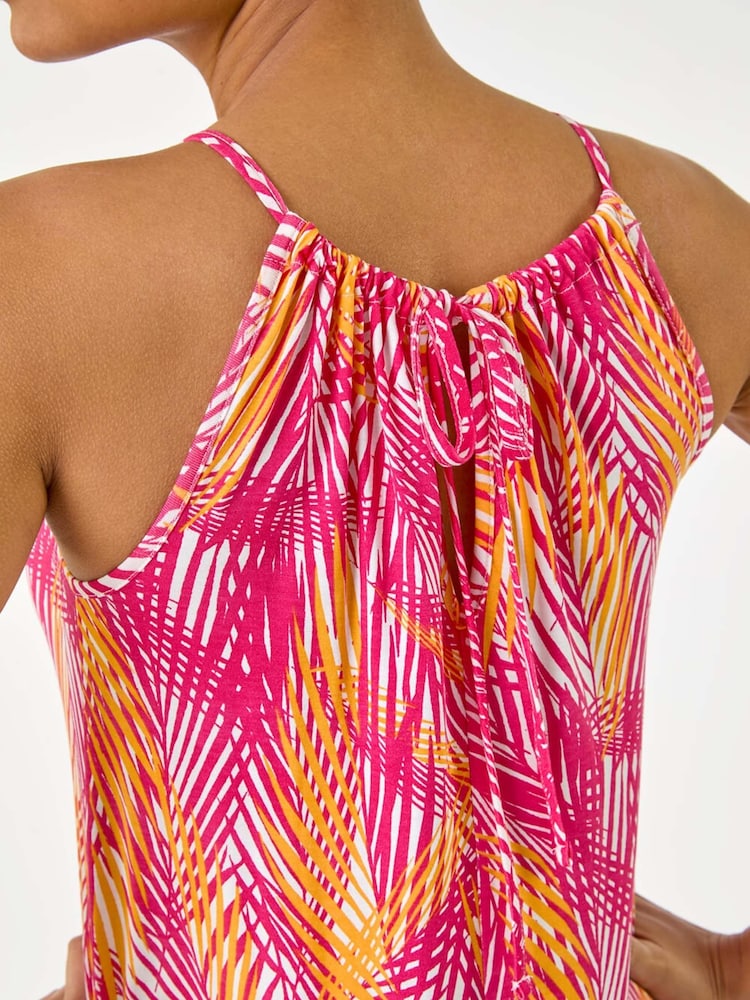 Roman Pink Gathered Palm Print Swing Stretch Dress - Image 5 of 5