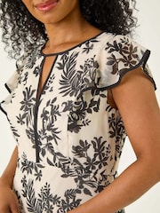 Roman Black Petite Floral Print Tipped Edge Midi Dress - Image 4 of 5