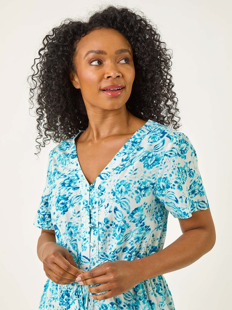 Roman Blue Petite Floral Print Tiered Dress - Image 4 of 5