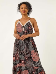 Roman Black Petite Abstract Leaf Crochet Trim Dress - Image 2 of 5