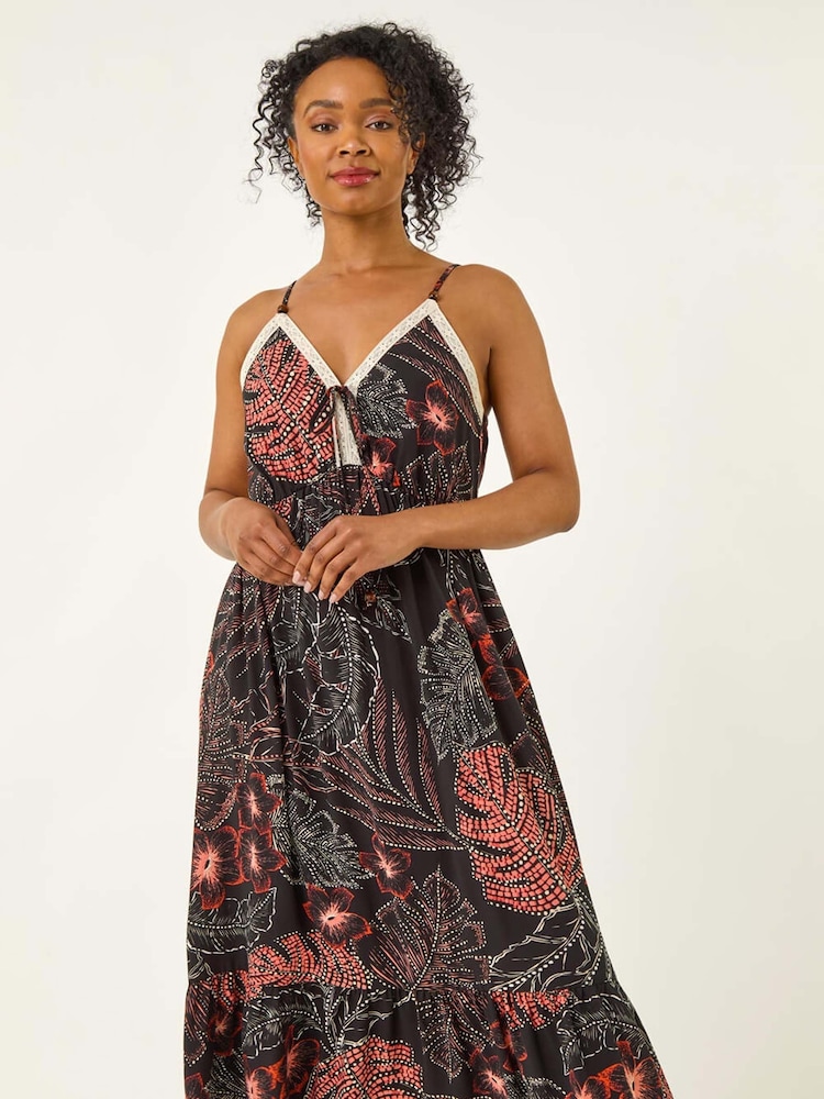 Roman Black Petite Abstract Leaf Crochet Trim Dress - Image 2 of 5 Roman Black Petite Abstract Leaf Crochet Trim Dress - Image 2 of 5