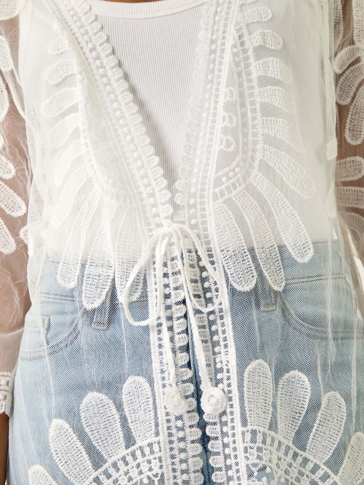 Roman White Petite Embroidered Mesh Kimono Blouse - Image 1 of 5