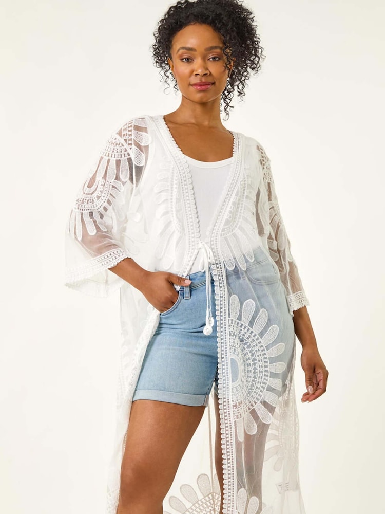 Roman White Petite Embroidered Mesh Kimono Blouse - Image 2 of 5