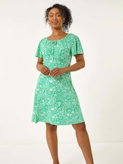 Roman Green Petite Floral Print Tie Detail Dress - Image 1 of 3