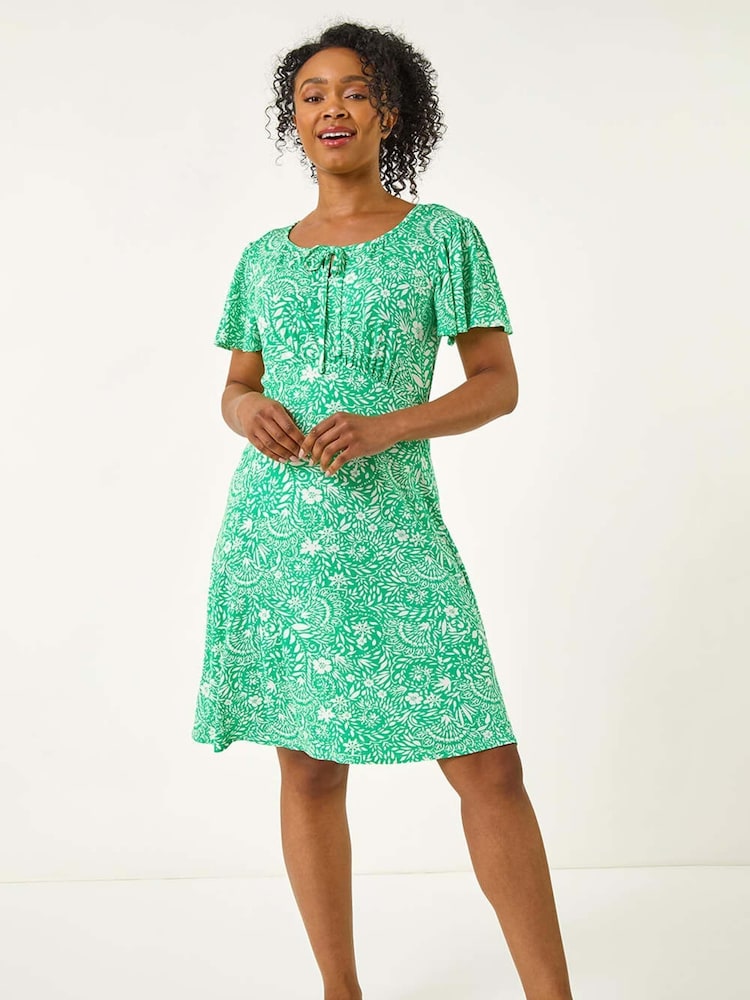 Roman Green Petite Floral Print Tie Detail Dress - Image 1 of 3 Roman Green Petite Floral Print Tie Detail Dress - Image 1 of 3