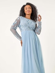 Roman Blue Petite Embellished Mesh Dress - Image 1 of 5