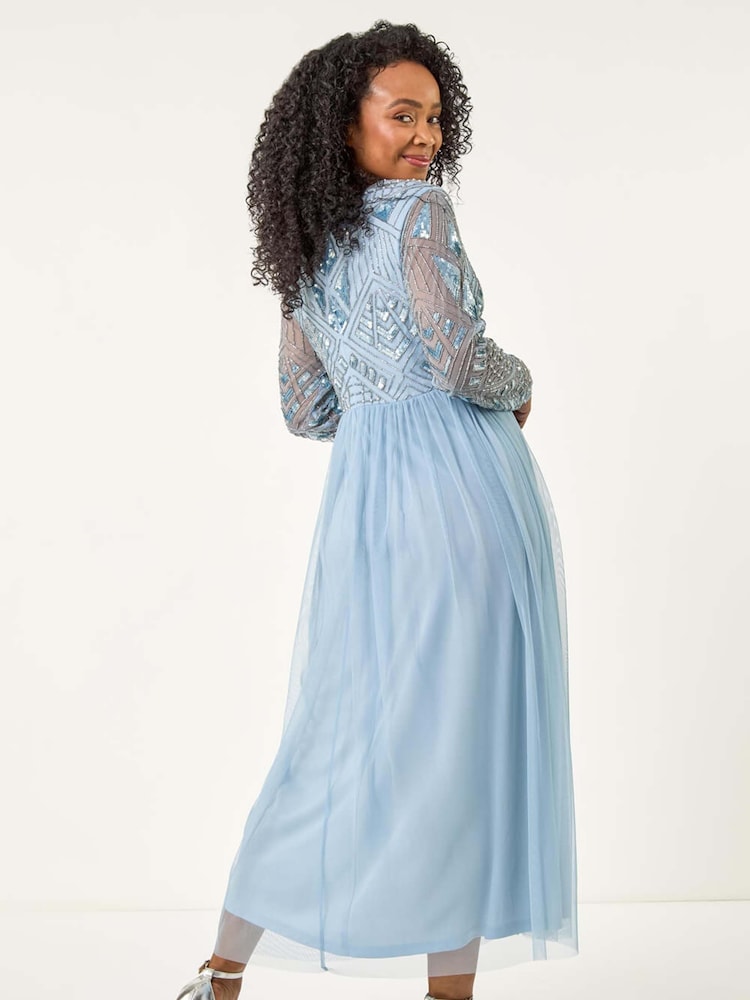 Roman Blue Petite Embellished Mesh Dress - Image 2 of 5