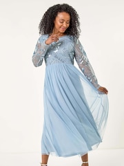 Roman Blue Petite Embellished Mesh Dress - Image 3 of 5