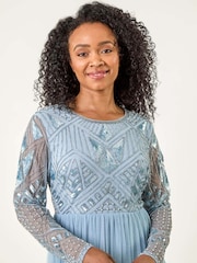 Roman Blue Petite Embellished Mesh Dress - Image 4 of 5