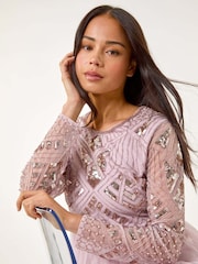 Roman Purple Petite Embellished Mesh Dress - Image 1 of 5