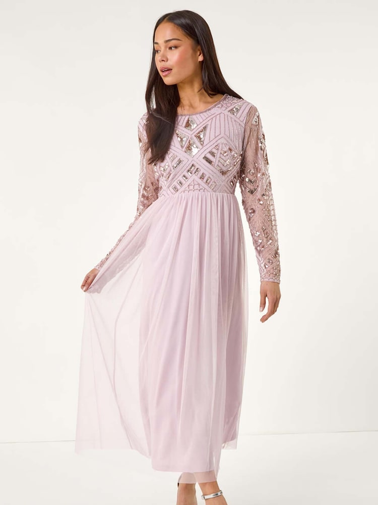 Roman Purple Petite Embellished Mesh Dress - Image 2 of 5