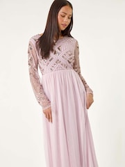 Roman Purple Petite Embellished Mesh Dress - Image 4 of 5