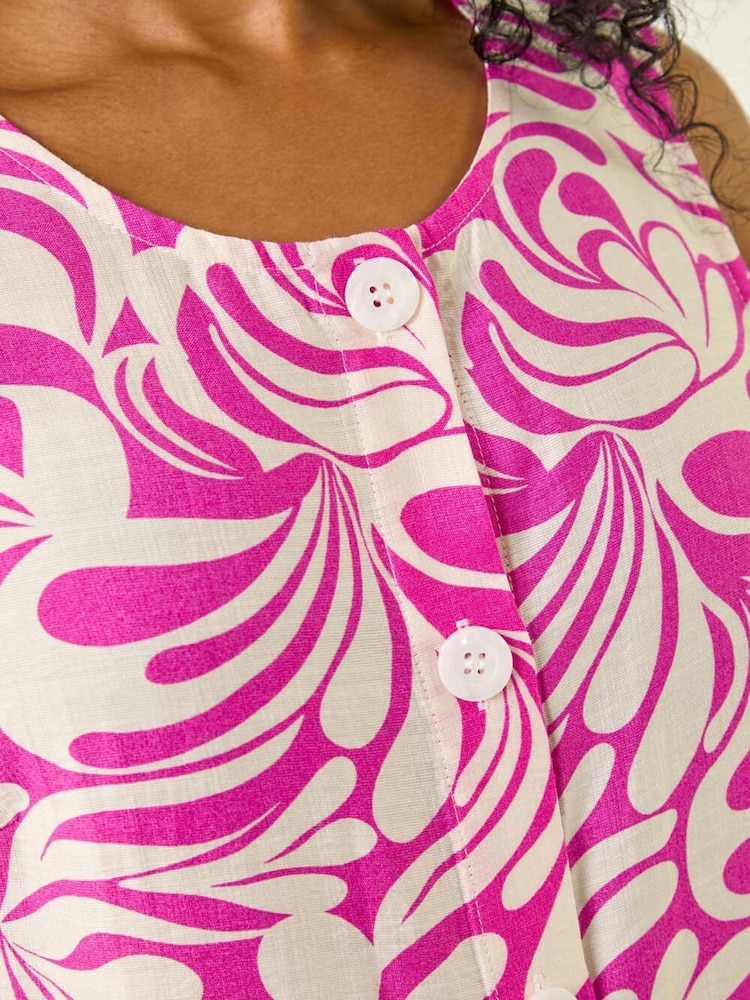 Roman Pink Petite Leaf Print Buttoned A-Line Dress - Image 5 of 5