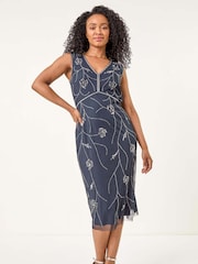 Roman Blue Chrome Petite Embellished V-Neck Midi Dress - Image 2 of 5