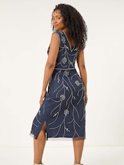 Roman Blue Chrome Petite Embellished V-Neck Midi Dress - Image 3 of 5