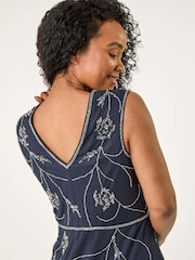 Roman Blue Chrome Petite Embellished V-Neck Midi Dress - Image 4 of 5