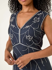 Roman Blue Chrome Petite Embellished V-Neck Midi Dress - Image 5 of 5