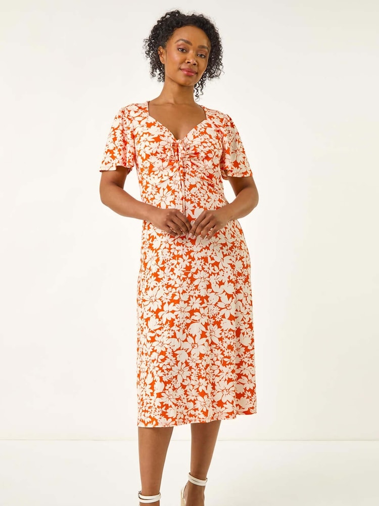 Vestido a media pierna con frunces y estampado floral de Roman Petite - Imagen 2 de 5