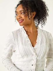 Roman White Petite Ruffle V-Neck Stretch Blouse - Image 4 of 5