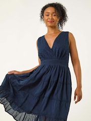 Roman Blue Petite Embroidered Lace Trim Dress - Image 1 of 5
