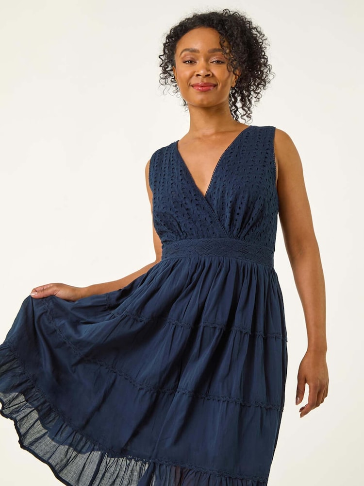 Roman Blue Petite Embroidered Lace Trim Dress - Image 1 of 5