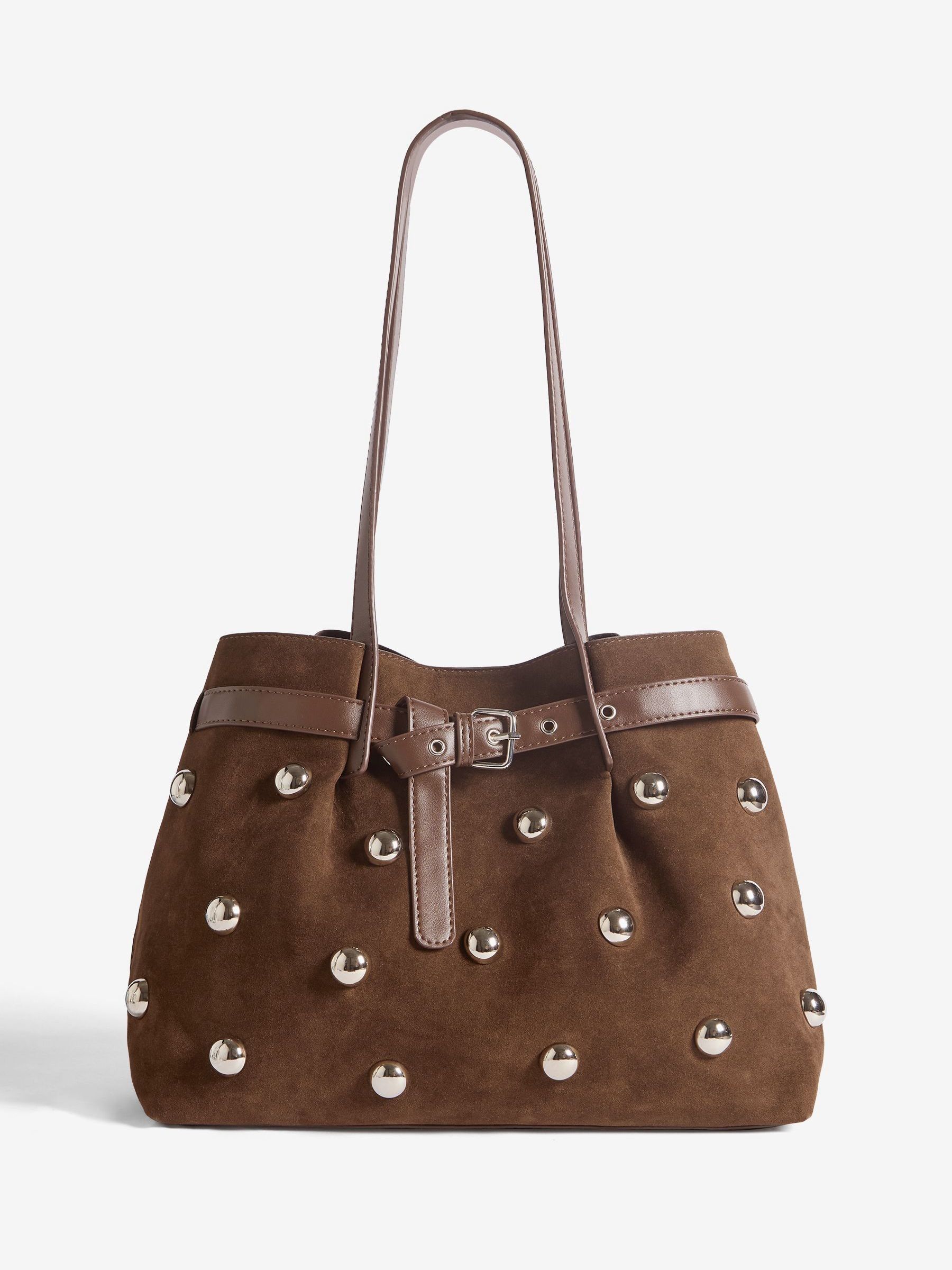 Buy Friends Like These Chocolate Brown Faux Suede Studded Tote Bag