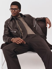 Reiss Chocolate Brown Perling Burnished-Leather Zip-Through Jacket - Image 1 of 7