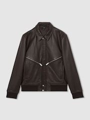 Reiss Chocolate Brown Perling Burnished-Leather Zip-Through Jacket - Image 2 of 7