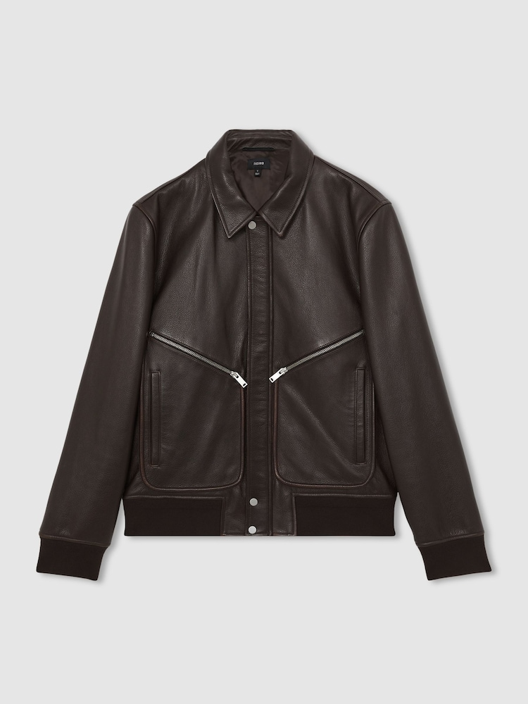 Reiss Chocolate Brown Perling Burnished-Leather Zip-Through Jacket - Image 2 of 7