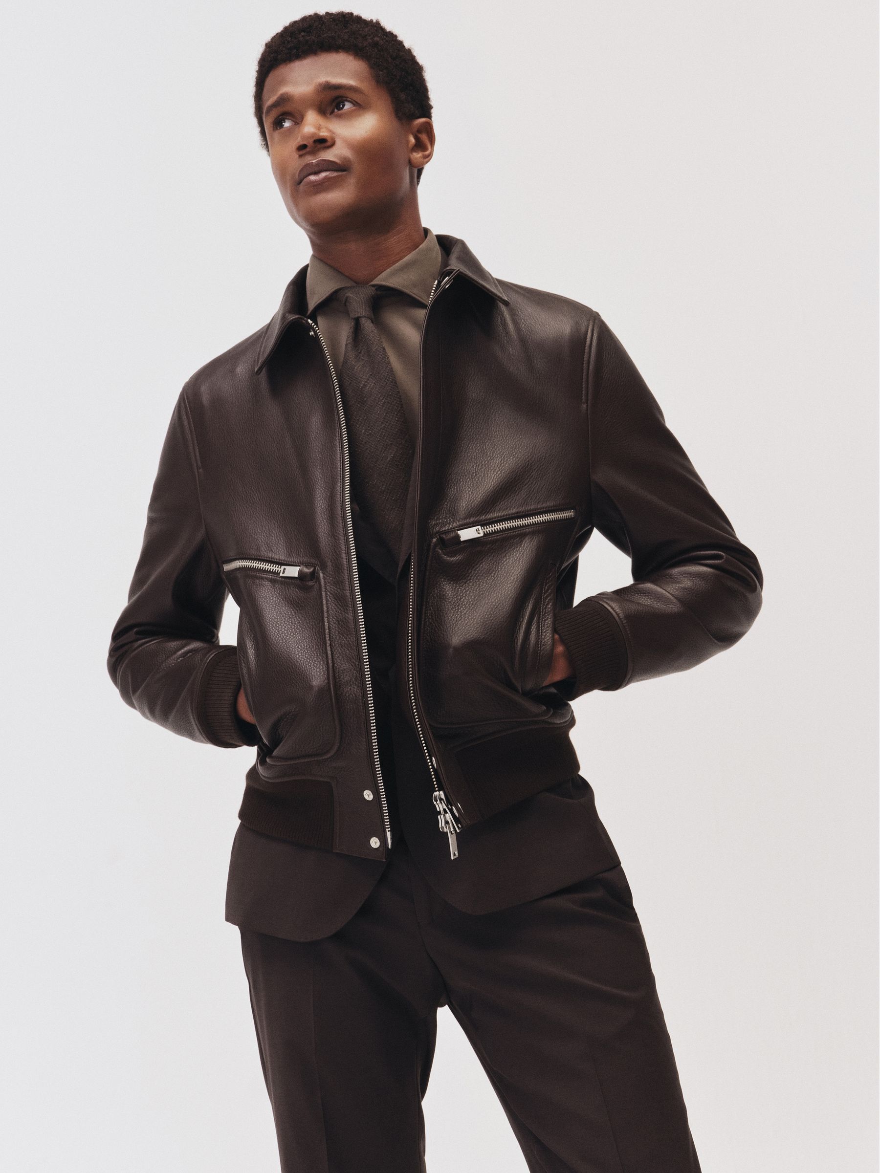 Buy Reiss Chocolate Brown Perling Burnished-Leather Zip-Through