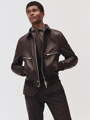 Reiss Chocolate Brown Perling Burnished-Leather Zip-Through Jacket - Image 3 of 7