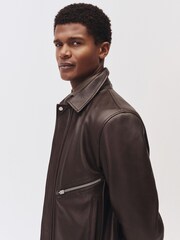 Reiss Chocolate Brown Perling Burnished-Leather Zip-Through Jacket - Image 4 of 7