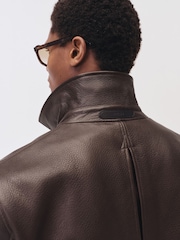 Reiss Chocolate Brown Perling Burnished-Leather Zip-Through Jacket - Image 5 of 7