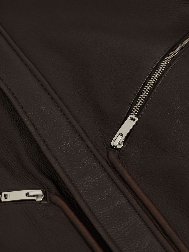 Reiss Chocolate Brown Perling Burnished-Leather Zip-Through Jacket - Image 7 of 7