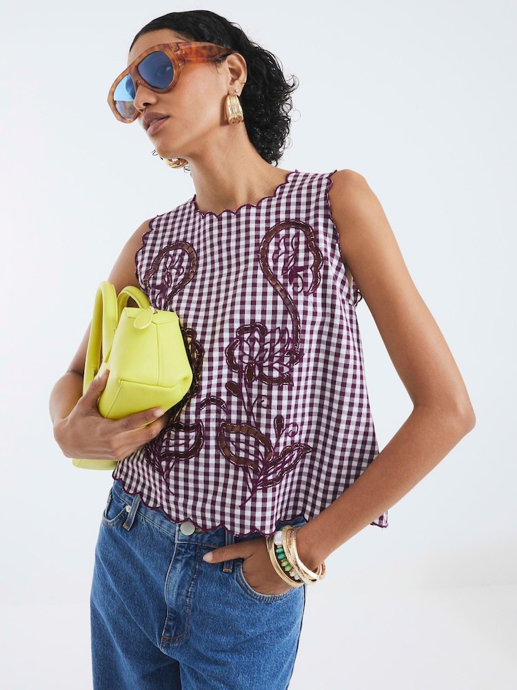 River Island Red Gingham Cut Work Tank Top - Image 1 of 3