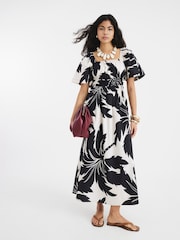 River Island Black Shirred Printed Midi Dress - Image 1 of 4