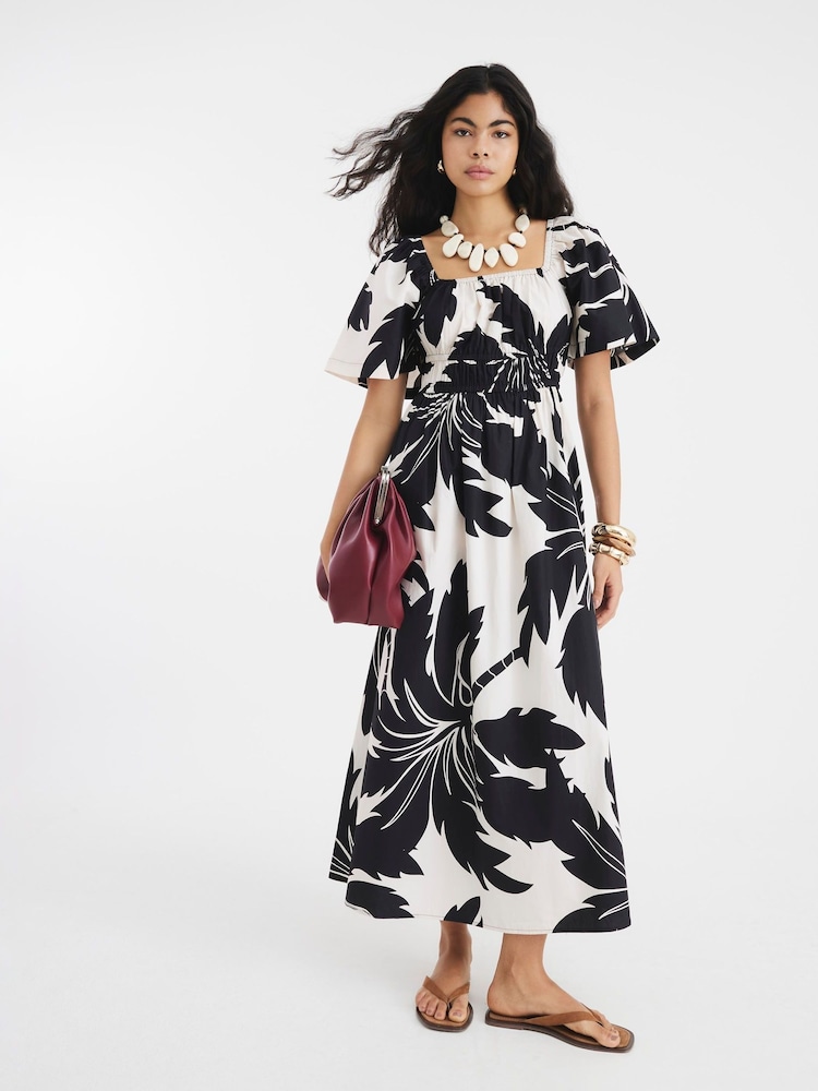 River Island Black Shirred Printed Midi Dress - Image 1 of 4 River Island Black Shirred Printed Midi Dress - Image 1 of 4