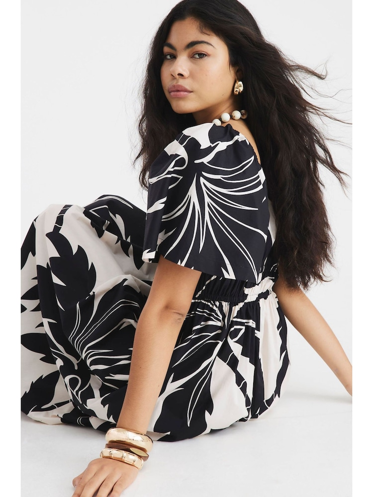 River Island Black Shirred Printed Midi Dress - Image 2 of 4