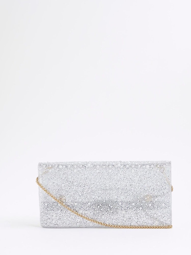 River Island Silver Embellished Perspex Clutch Bag - Image 1 of 5