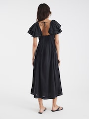 River Island Black Flutter Sleeve Shirred Midi Dress - Image 2 of 4