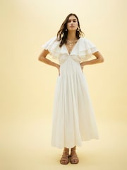 River Island White Flutter Sleeve Shirred Midi Dress - Image 1 of 4